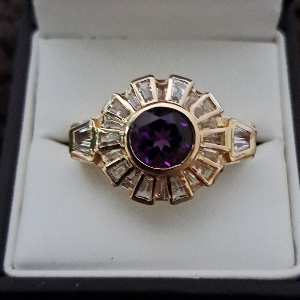 Amethyst and White Topaz Men's Ring 14kt Yellow Gold Vermeil
